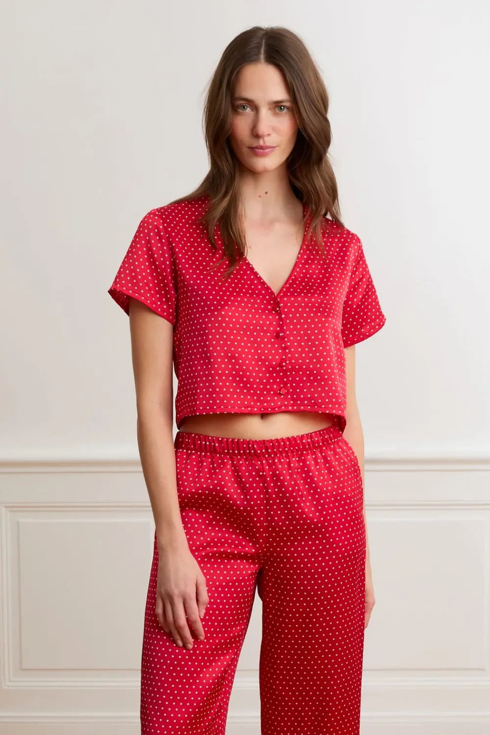 Hot ETAM Top de pijama de satén con lunares ROJO
