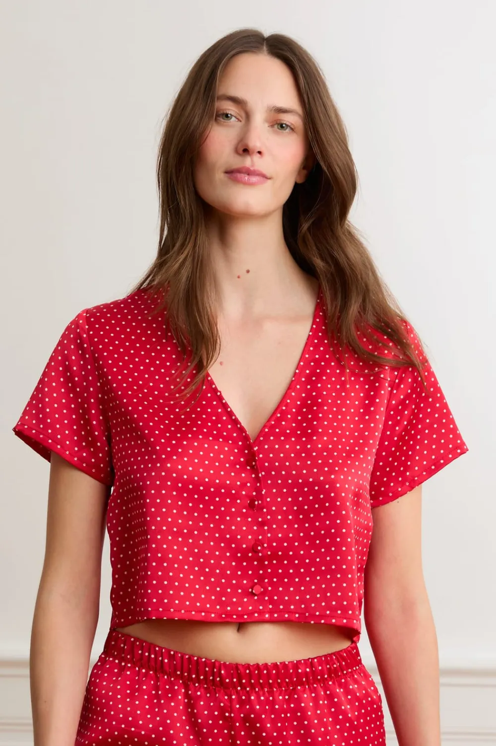 Hot ETAM Top de pijama de satén con lunares ROJO