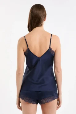 Discount ETAM Top de satén con detalles de encaje AZUL NOCHE