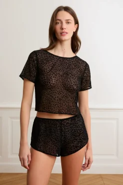 Discount ETAM Top de tul con estampado de leopardo NEGRO
