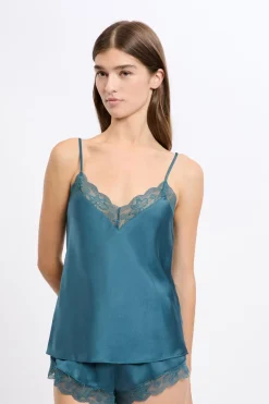 Clearance ETAM Top satinado con detalles de encaje AZUL PETR&Oacute;LEO