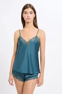 Clearance ETAM Top satinado con detalles de encaje AZUL PETRÓLEO