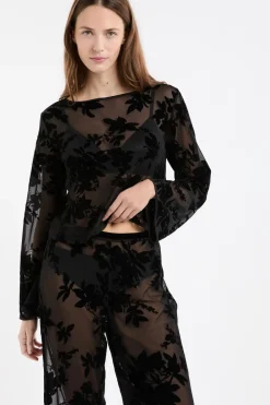 ETAM Top transparent à motif floral NOIR