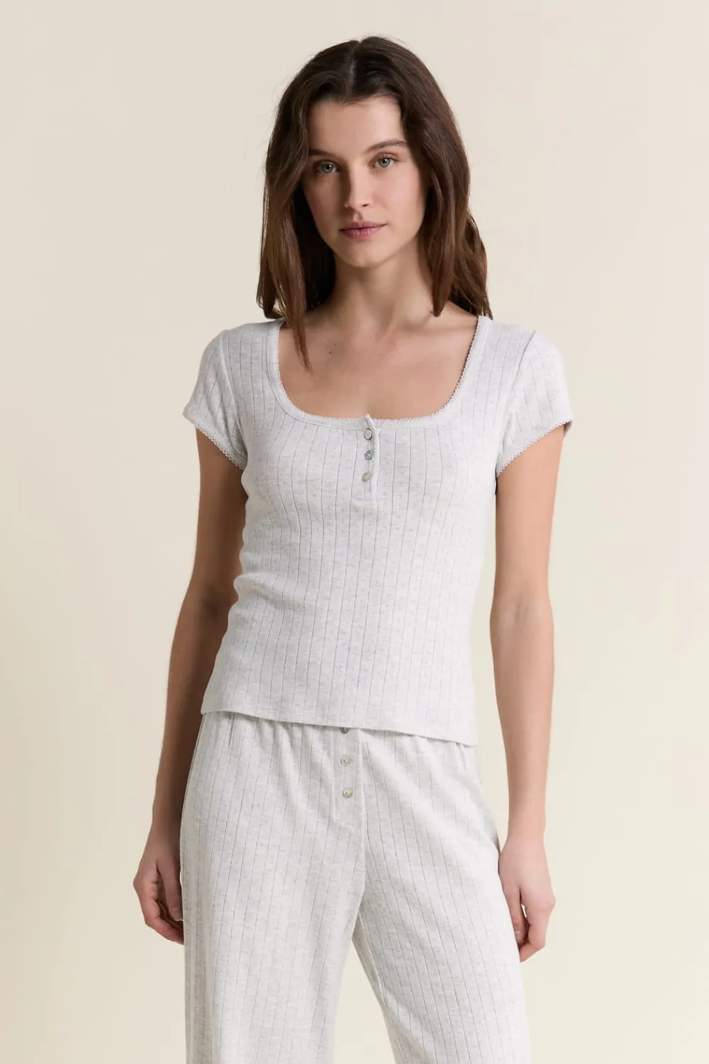 ETAM T-shirt de pyjama manches courtes en coton en pointelle GRIS