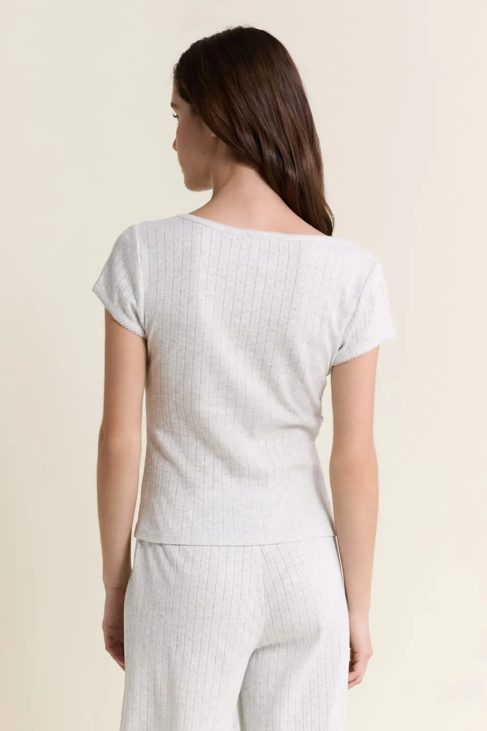 ETAM T-shirt de pyjama manches courtes en coton en pointelle GRIS