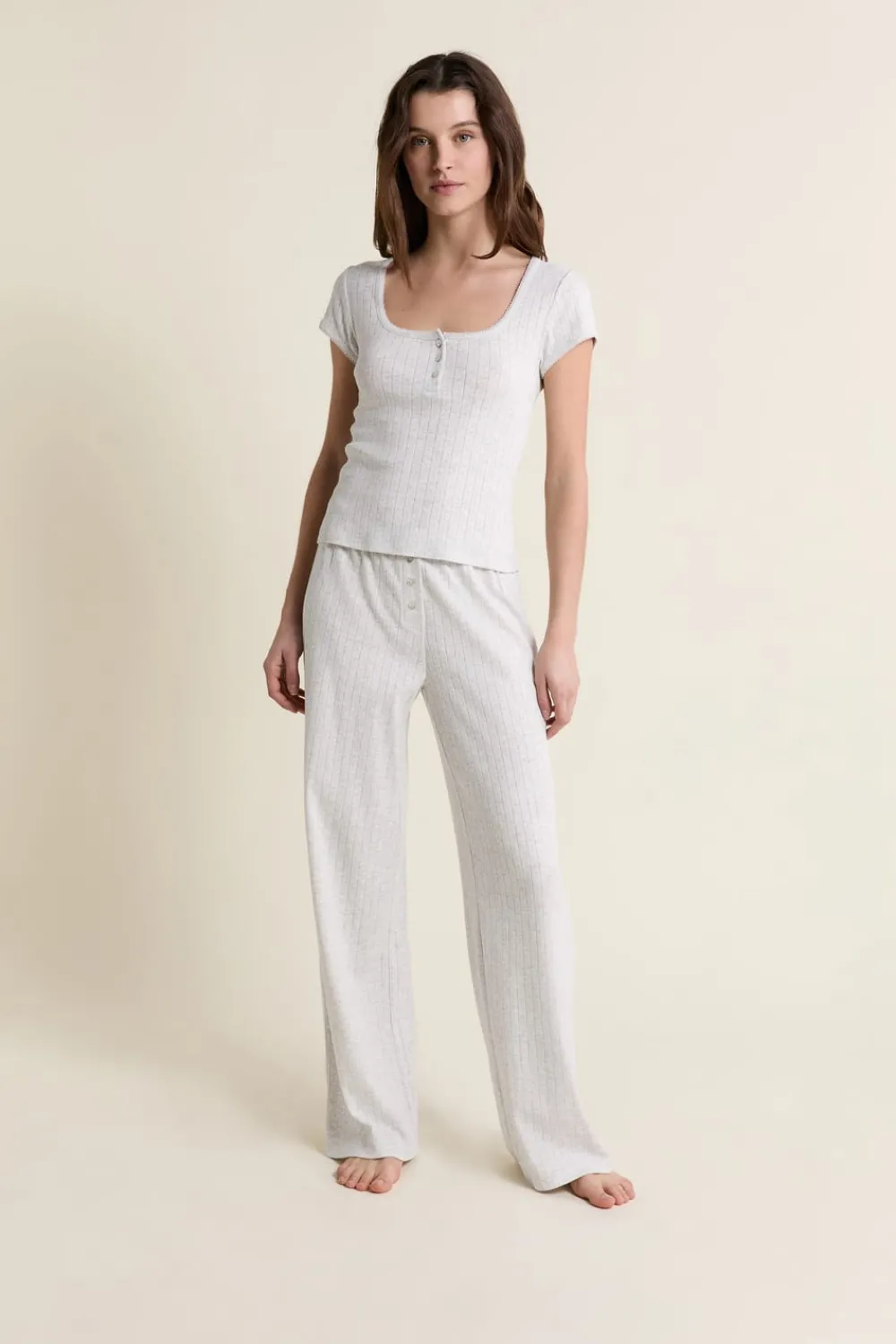 ETAM T-shirt de pyjama manches courtes en coton en pointelle GRIS