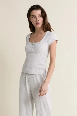 ETAM T-shirt de pyjama manches courtes en coton en pointelle GRIS