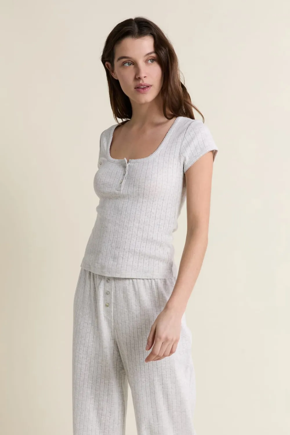 ETAM T-shirt de pyjama manches courtes en coton en pointelle GRIS