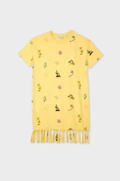 Clearance ETAM Vestido estilo camiseta estampado con flecos AMARILLO PÁLIDO