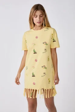 Clearance ETAM Vestido estilo camiseta estampado con flecos AMARILLO P&Aacute;LIDO