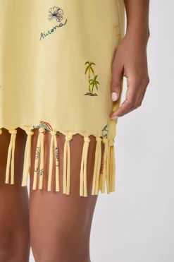 Clearance ETAM Vestido estilo camiseta estampado con flecos AMARILLO P&Aacute;LIDO