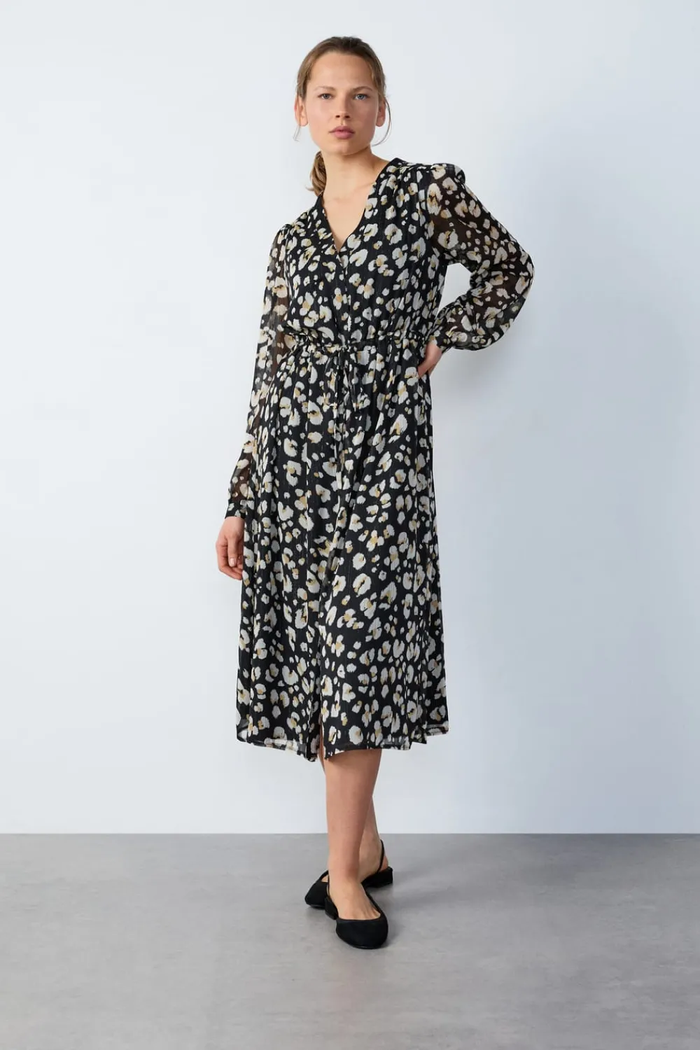 Online ETAM Vestido largo estampado fluido NEGRO