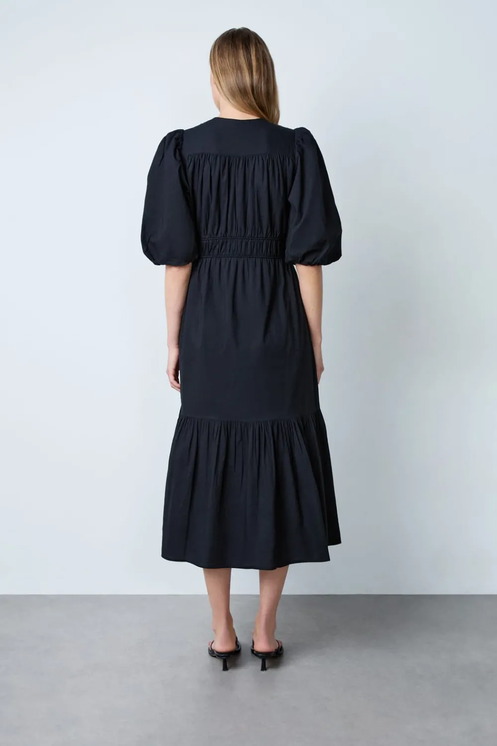 Sale ETAM Vestido midi de algodón con mangas abullonadas NEGRO