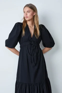 Sale ETAM Vestido midi de algodón con mangas abullonadas NEGRO